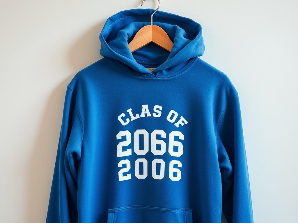 A realistic high-resolution image of a cozy hoodie in blue with the Class of 2006 logo displayed prominently. The hoodie should be showcased hanging on a simple wooden hanger against a light-colored wall to highlight its design and color scheme. The fabric should appear soft and inviting.