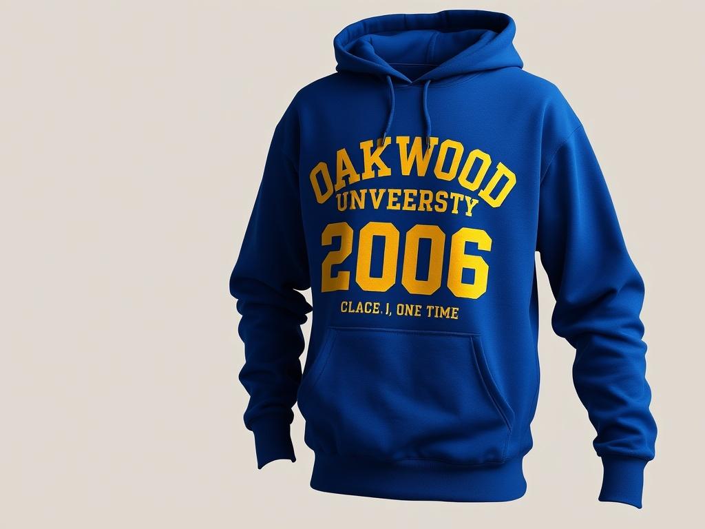 A realistic high-resolution photo of a cozy hoodie in blue, featuring the Oakwood University Class of 2006 logo and the phrase 'One Place, One Time, Forever Us' in gold lettering. The hoodie is displayed on a clean, neutral background to focus on its design.