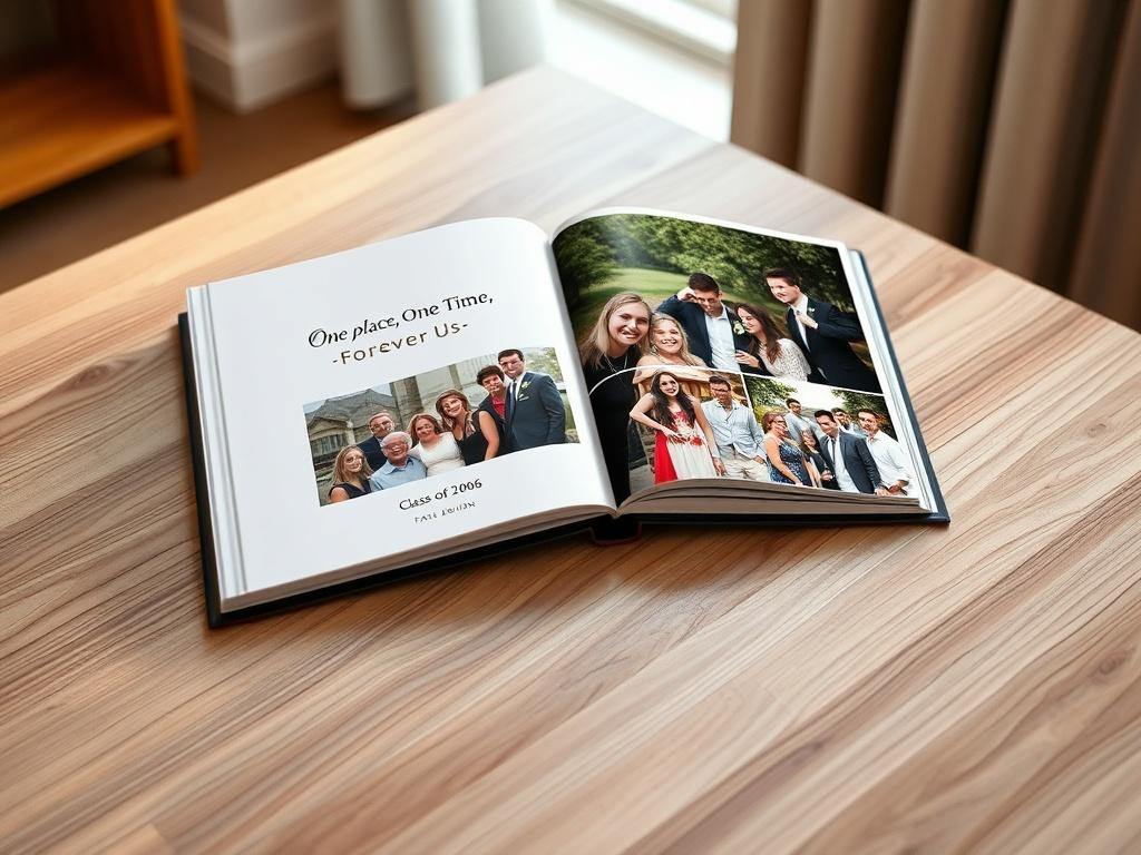 An elegantly designed reunion photo book displayed on a clean wooden table. The book features a glossy cover with the theme 'One Place, One Time, Forever Us' and the Class of 2006 logo. The book is opened to showcase colorful, high-resolution photos from the reunion, surrounded by a soft-focus background that emphasizes the book's content.
