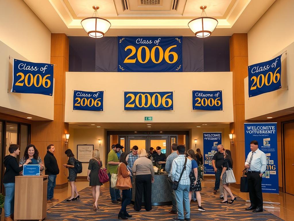 An inviting hotel lobby featuring Class of 2006 decorations, happy attendees checking in with reunion coordinators, a warm and welcoming atmosphere, showcasing the excitement of reunion weekend, with banners and welcome signs in blue and gold.