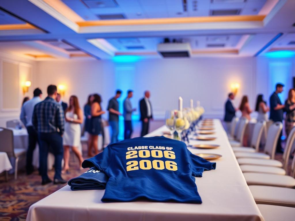 A simple, elegant reunion event setting featuring a long table decorated with Class of 2006 memorabilia, a warm and welcoming atmosphere with soft blue and gold lighting, showcasing name tags and a commemorative t-shirt displayed on the table, surrounded by classmates happily mingling in the background.