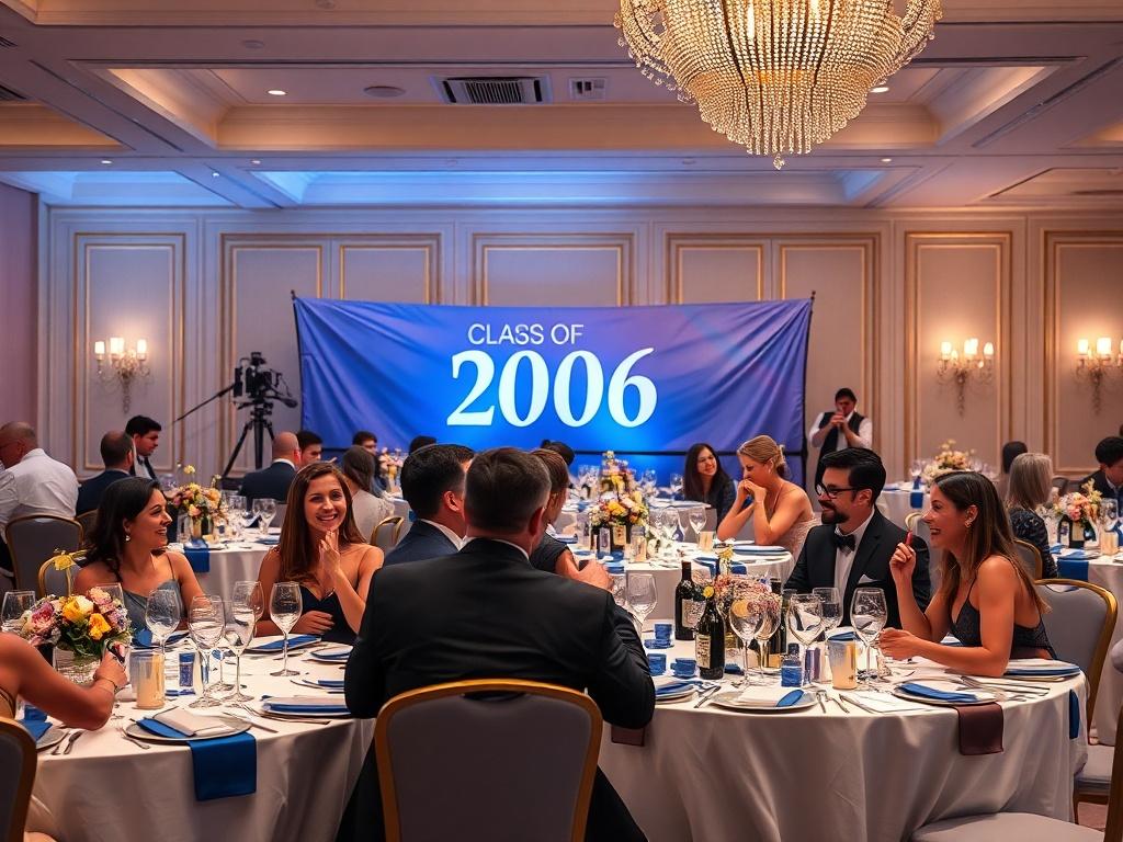 A luxurious gala dinner setting with elegantly arranged tables adorned with blue and gold decorations, featuring a Class of 2006 banner in the background, smiling attendees enjoying a meal with laughter and conversation, while a photographer captures special moments.