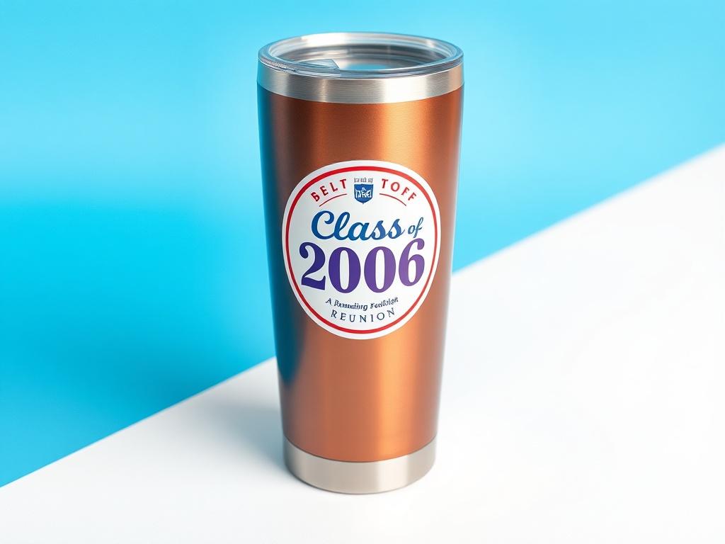A high-resolution photo of a stylish tumbler with the official Class of 2006 reunion logo prominently displayed. The tumbler should be placed on a clean, minimalistic background that contrasts with the blue and gold color scheme of the reunion. The composition should highlight the tumbler's sleek design, showcasing its ability to keep drinks hot or cold. The lighting should be bright and vibrant, emphasizing the details of the logo and the tumbler's finish.
