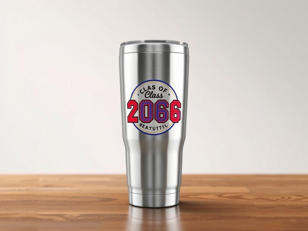 A realistic high-resolution photo of a stainless steel tumbler featuring the Class of 2006 logo. The tumbler should be centered in the image with a clean, minimalistic background. The tumbler should have a shiny surface reflecting light, emphasizing its sleek design. The logo should be prominently displayed on the tumbler, showcasing vibrant colors that contrast with the silver of the tumbler. The composition should focus solely on the tumbler, highlighting its shape and design without any distractions.