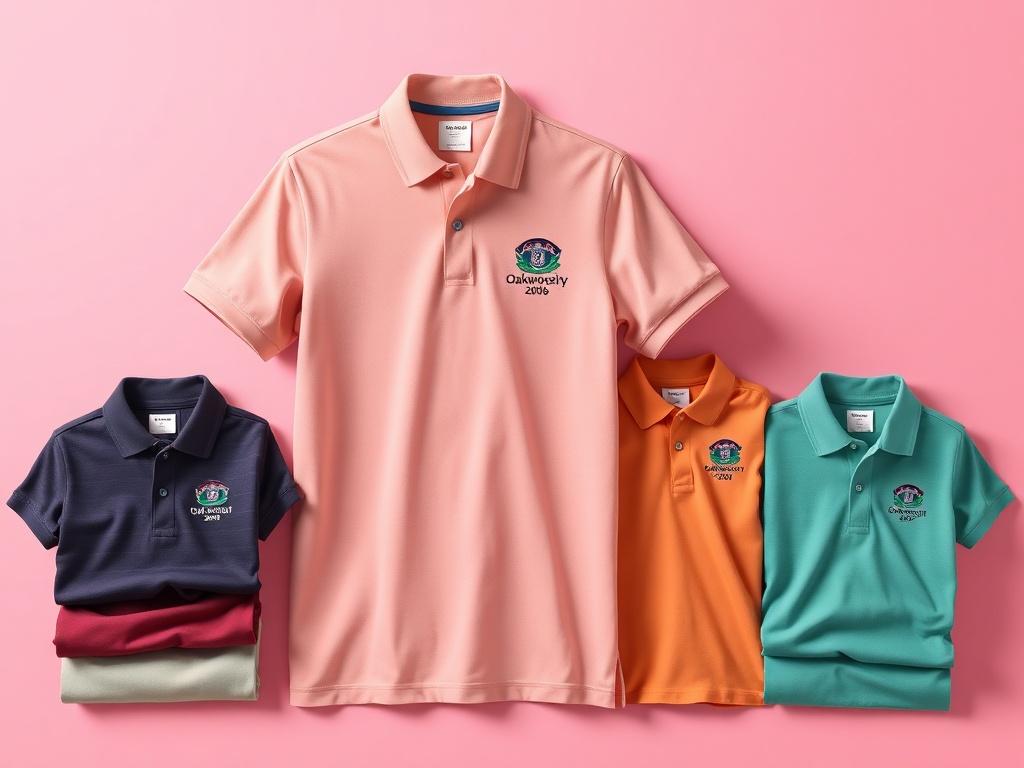A realistic high-resolution photo of a classic polo shirt featuring the Oakwood University Class of 2006 reunion logo. The shirt is displayed on a simple, clean background with vibrant colors that highlight the logo. The fabric has a smooth texture, and the shirt is shown in multiple sizes and colors, neatly arranged to showcase variety. The composition focuses solely on the shirt, ensuring a minimalistic and professional presentation.