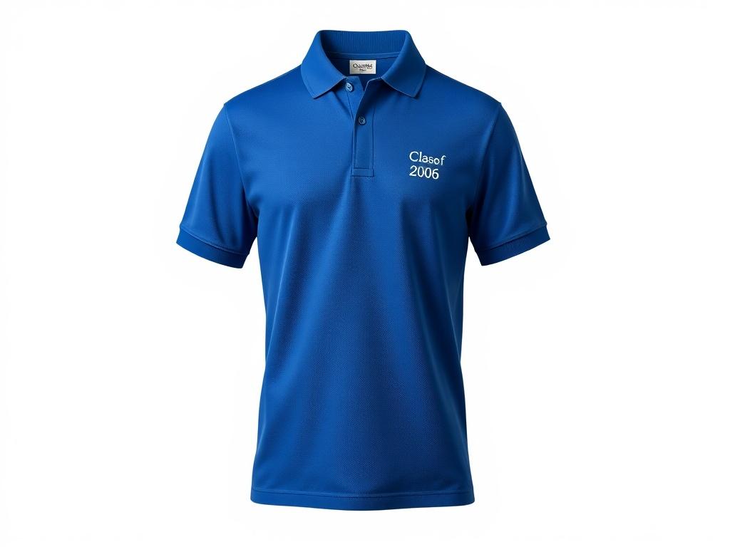 A realistic high-resolution image of a blue polo shirt displayed on a simple, clean background. The shirt prominently features the Class of 2006 logo embroidered on the left chest area. The fabric appears soft and breathable, showcasing fine stitching and a classic cut. The image should have vibrant colors to highlight the shirt's quality and appeal, with a minimalistic and elegant presentation.