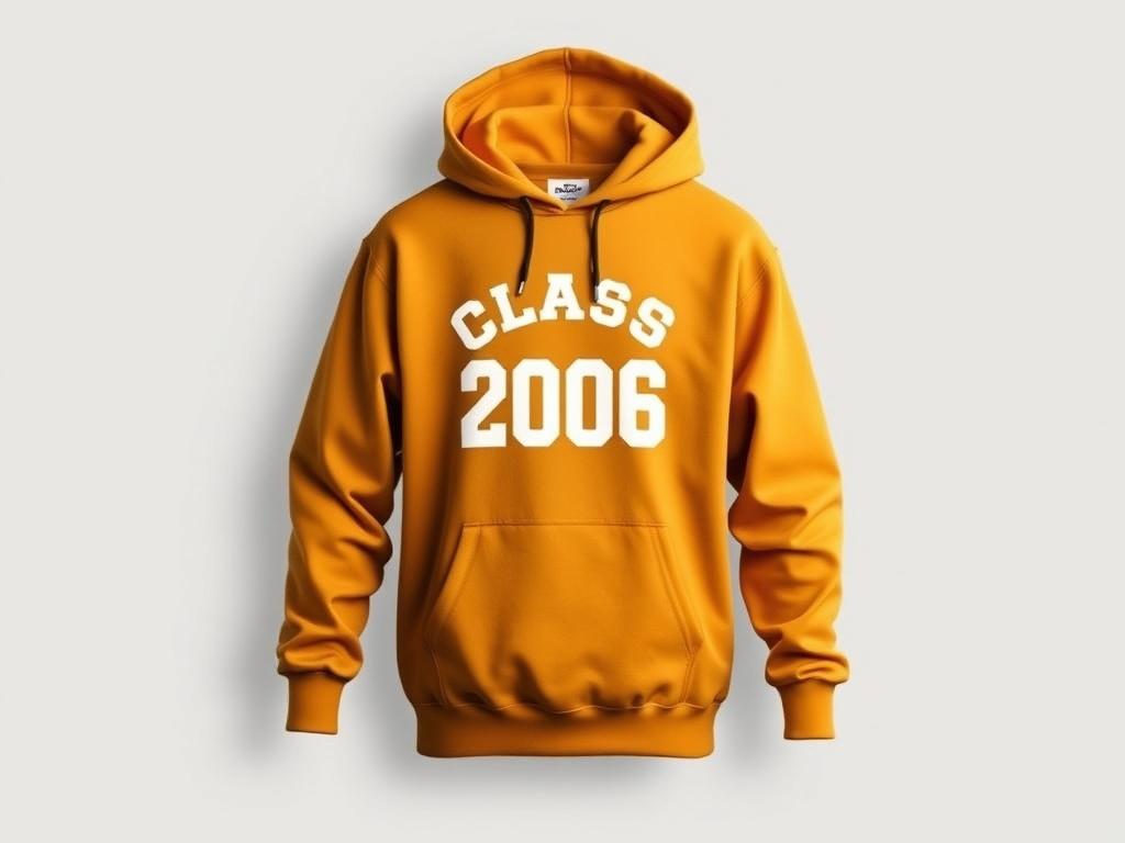 A realistic high-resolution photo of a stylish hoodie featuring the Class of 2006 official logo. The hoodie should be displayed on a simple, clean background that highlights the vibrant colors of the garment. The image should focus on the hoodie, showcasing its design and fit, with a minimalistic approach emphasizing the logo prominently. The overall look should convey comfort and style, appealing to alumni.