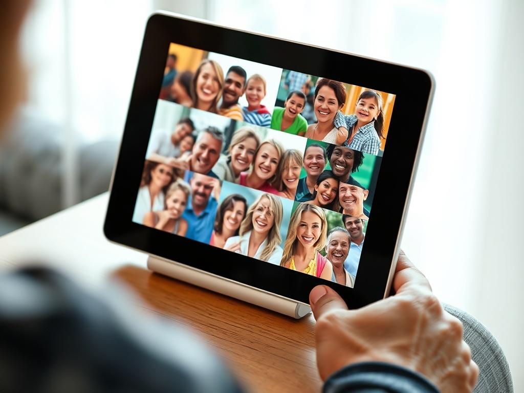 A realistic high-resolution image of a digital device such as a tablet displaying a slideshow of reunion photos. The screen shows a collage of joyful faces with colorful transitions. The background is softly blurred, focusing on the device and the memories being shared.