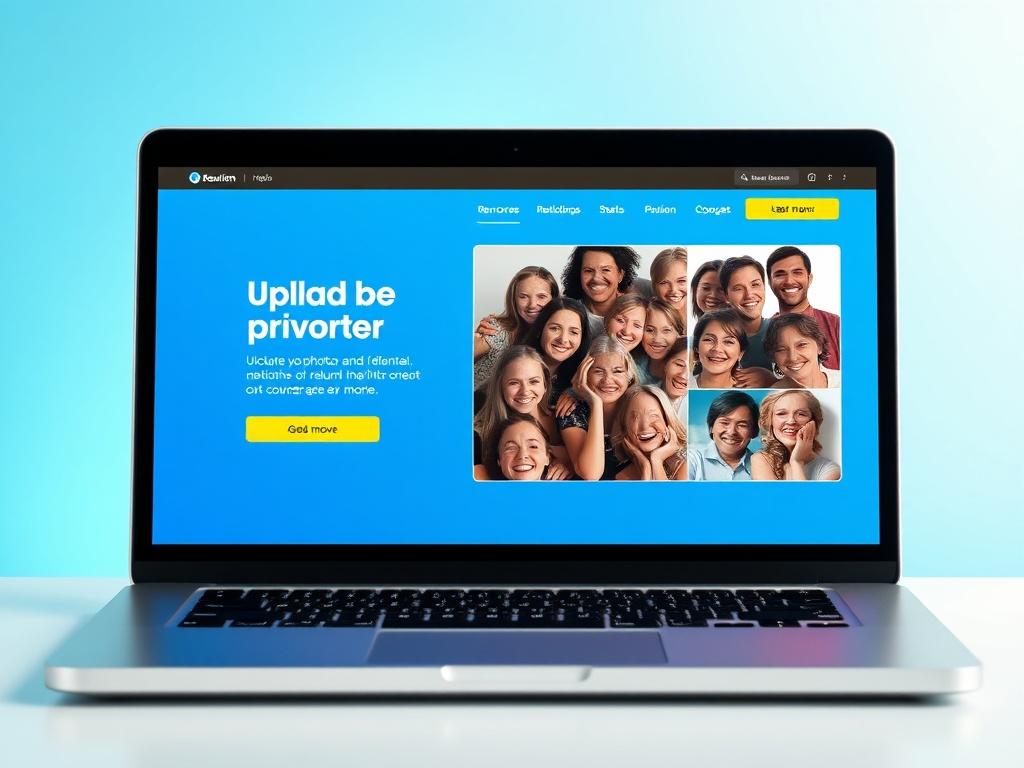 A realistic high-resolution photo of a modern laptop displaying a vibrant photo upload interface. The screen shows a collage of happy faces from a reunion event with a blue and gold color scheme. The background is minimalistic and bright, highlighting the importance of capturing memories.
