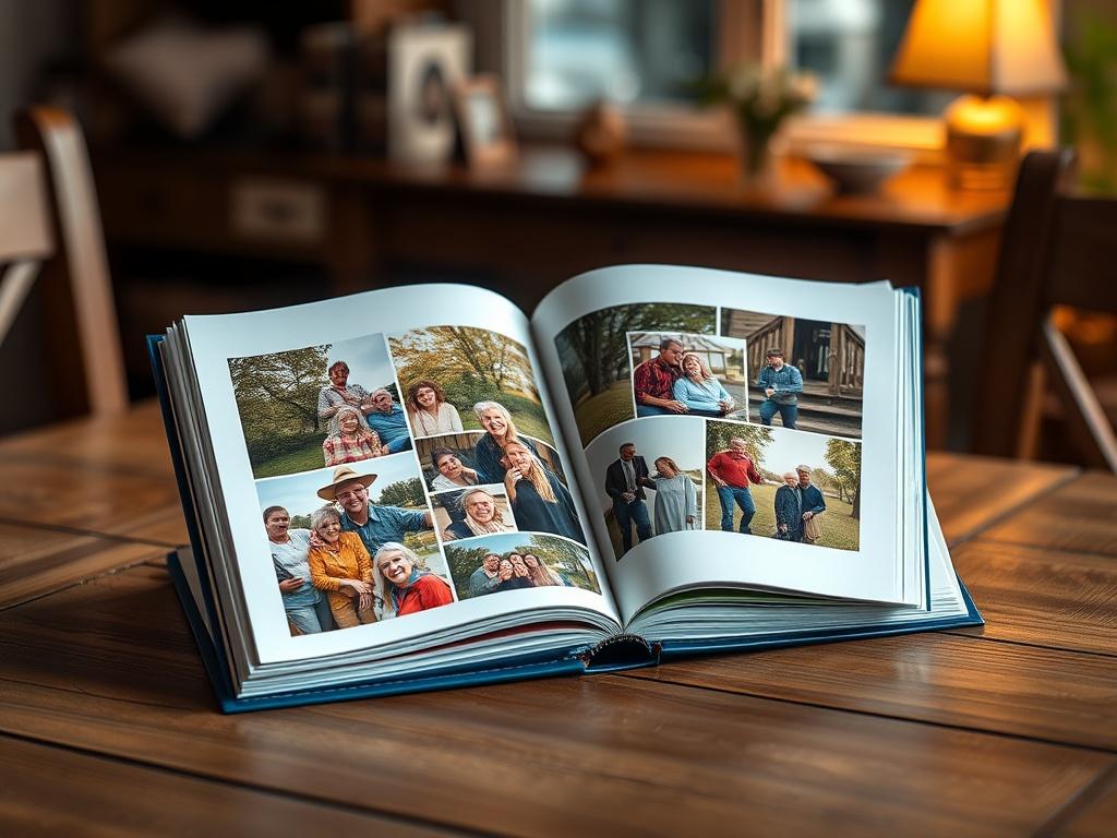 A realistic high-resolution photo of an open Memory Lane Photo Book on a wooden table, displaying vibrant pictures from a reunion. The book has a blue and gold cover design, and the background features a cozy setting with warm lighting, emphasizing nostalgia.
