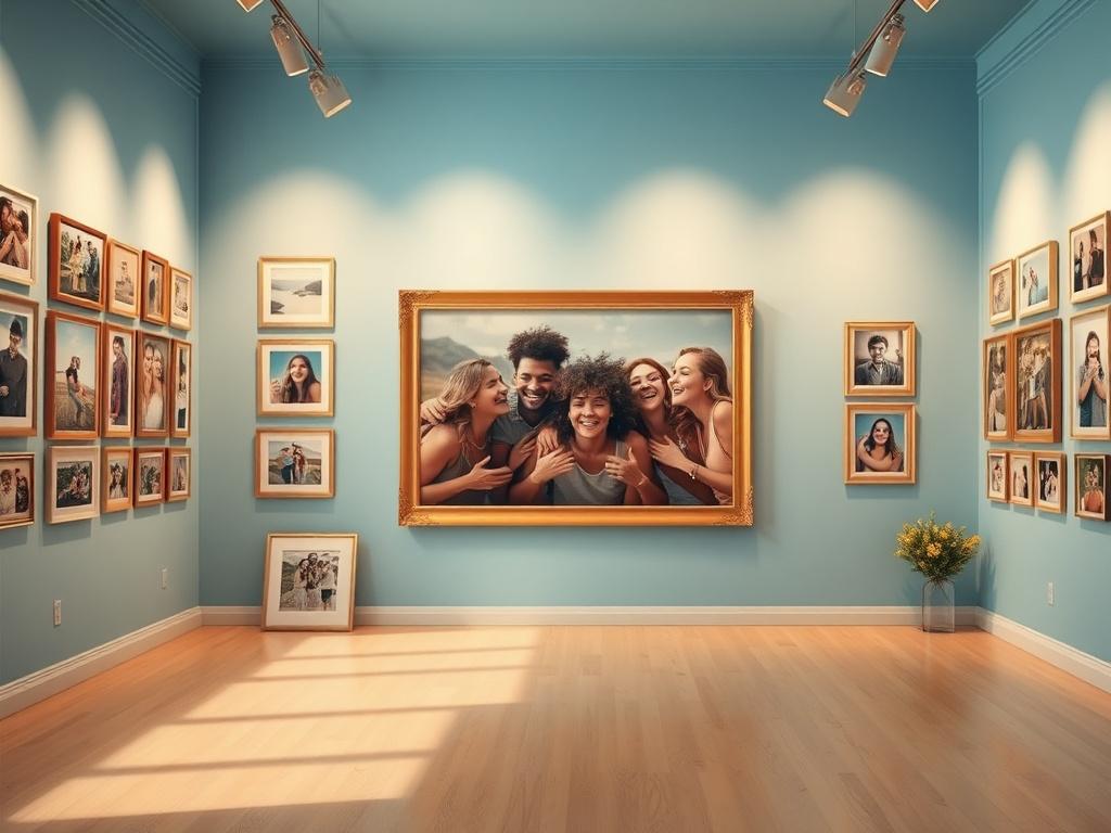 A vibrant and inviting gallery space filled with framed photographs showcasing joyful reunion moments. The background is a soft blue and gold theme, emphasizing warmth and nostalgia. The lighting is bright and cheerful, creating an inviting atmosphere. The focus is on a single large photo frame that displays a group of friends laughing and celebrating together, symbolizing the essence of the reunion. The overall composition evokes feelings of joy and camaraderie.