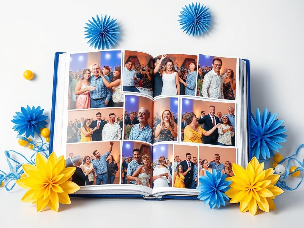 A dynamic and colorful digital album layout displaying a collage of photos from the reunion. The setting features various candid shots of attendees enjoying the event, surrounded by decorative elements in blue and yellow/gold. The composition highlights the joy and excitement of reconnecting with classmates, showcasing laughter and celebrations. The background is subtle to ensure the focus remains on the vibrant reunion memories captured in the photos.