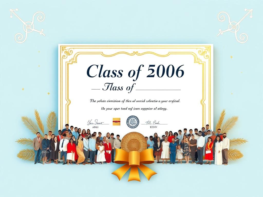 A beautifully designed digital certificate featuring gold accents and elegant typography, celebrating the contributions of attendees to the Class of 2006. The background is soft blue with subtle decorative elements that reflect the reunion theme. The certificate is prominently displayed alongside a selection of group photos from the event, emphasizing the sense of community and legacy. This composition conveys pride and nostalgia, inviting viewers to appreciate the shared history of the class.