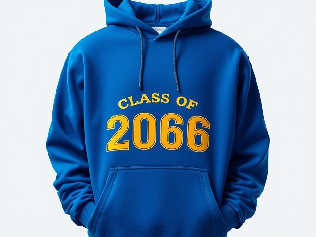 A realistic high-resolution photo of a stylish hoodie featuring the Class of 2006 logo. The hoodie should be displayed front-facing on a simple, clean background. The fabric should look soft and inviting, with vibrant blue color dominating the design, complemented by the gold logo. The composition should focus solely on the hoodie, showcasing its details such as the stitching and logo without any distractions.