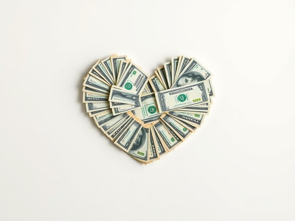 A highly detailed, realistic high-resolution photo of dollar bills meticulously arranged in the shape of a heart. The heart should be centered on a clean, minimalist background to emphasize the shape and texture of the bills. The color scheme should focus on greens and whites, with a soft, natural light illuminating the bills to highlight their details. The composition should be simple and clear, drawing the viewer's attention to the heart shape made of money.