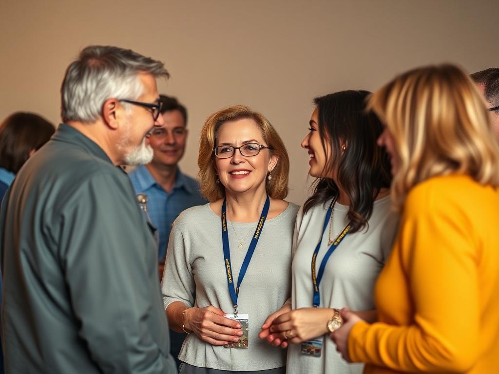 A warm image depicting a smaller group of alumni from the Class of 2006 chatting and reminiscing together at a reunion gathering. The background should be simple, with subtle blue and yellow accents, creating a cozy atmosphere. Focus on their expressions of nostalgia and connection, emphasizing the keepsake lanyard around their necks, symbolizing their participation.