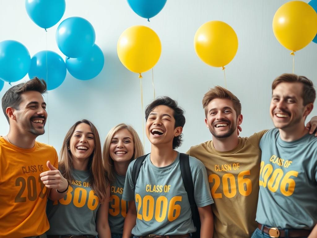 A vibrant image showcasing a group of friends from the Class of 2006 enjoying a lively reunion event, with a focus on the golden elements of the theme. The background should have a festive atmosphere with balloons in blue and yellow colors, and attendees wearing matching T-shirts. The composition should be engaging, with smiling faces and camaraderie, capturing the essence of celebration.