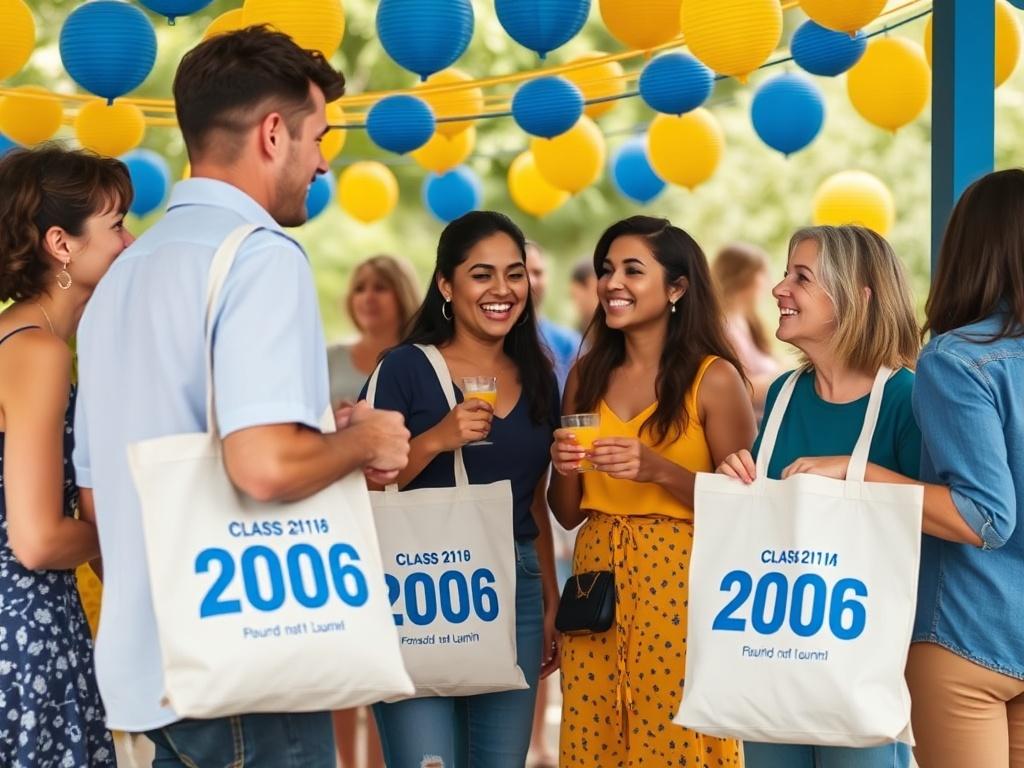 An inviting image of a diverse group of alumni from the Class of 2006 participating in a daytime reunion activity. The setting should be outdoors with natural light, featuring blue and yellow decorations. The focus should be on interaction and joy among the attendees, showcasing their reunion spirit with smiles and laughter, while showcasing the branded tote bags.