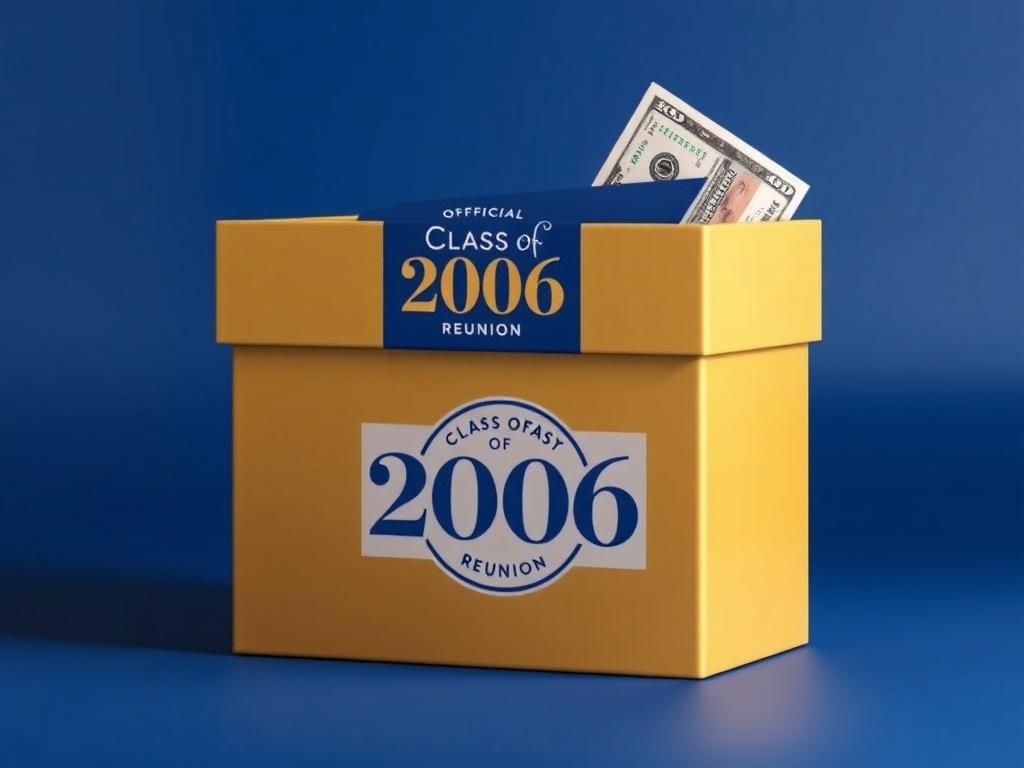 A realistic high-resolution image of a donation box designed specifically for the Class of 2006 reunion. The box is elegantly decorated with the class's blue and gold color scheme, featuring the official Class of 2006 logo prominently displayed. The background is simple and minimalistic, emphasizing the donation box as the central focus. The box is slightly open to suggest generosity and community spirit, with a few dollar bills peeking out to symbolize contributions.