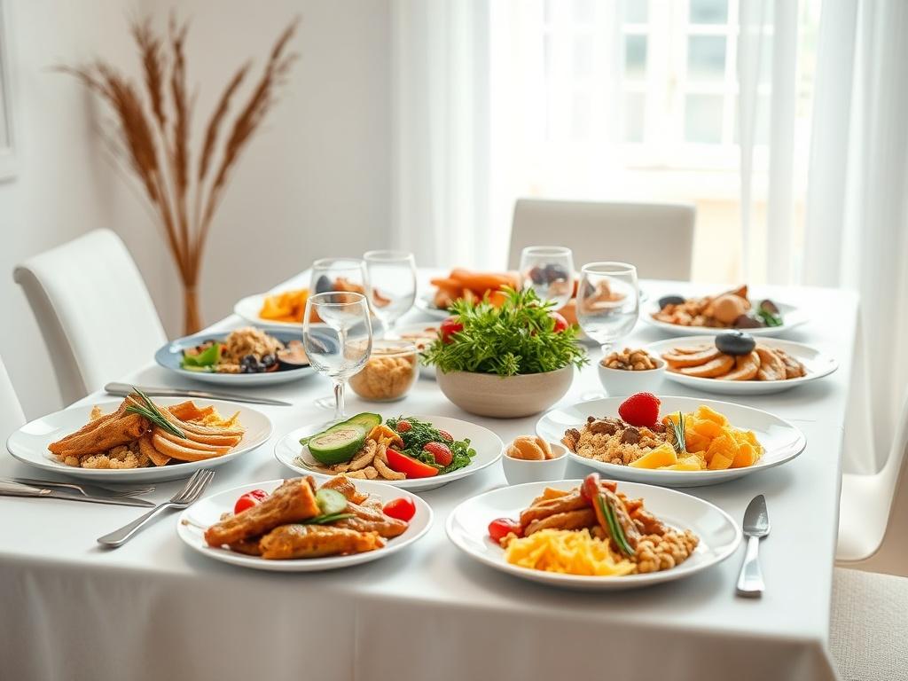 A beautifully set dining table for a Sabbath lunch, featuring a variety of colorful and appetizing dishes laid out on white plates. The table should have elegant tableware, including polished silverware and glassware, with a serene background of soft natural light filtering through a window. The focus should be on the food, highlighting the vibrant colors and textures of the dishes, creating an inviting and warm atmosphere.