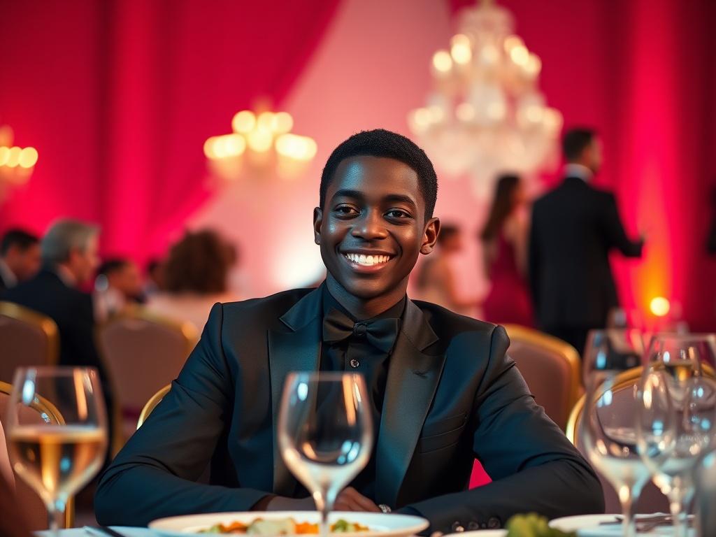 A realistic high-resolution photo of a Black teenager dressed in a sharp suit, sitting elegantly at a gala dinner table, enjoying a meal. The background is softly blurred, highlighting the vibrant colors of the gala decor, with warm lighting creating an inviting atmosphere. The focus is on the teenager, who is smiling and engaged in the dinner experience, embodying a moment of celebration and joy.