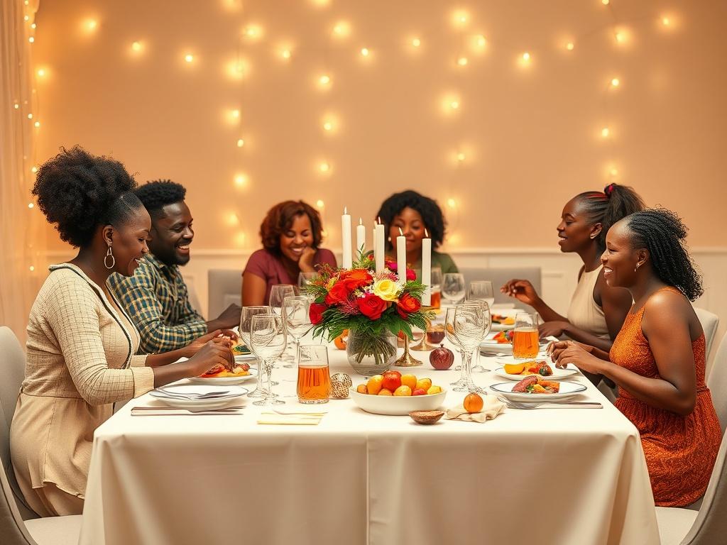 A warm and inviting scene of a family dinner gala featuring Black families gathered around a beautifully set dining table. The table is adorned with elegant tableware, colorful floral arrangements, and delicious dishes. The background is softly lit with fairy lights to create a cozy atmosphere. Families of various ages are engaged in lively conversations, showcasing joy and connection. The composition is simple and focuses on the essence of togetherness and celebration.