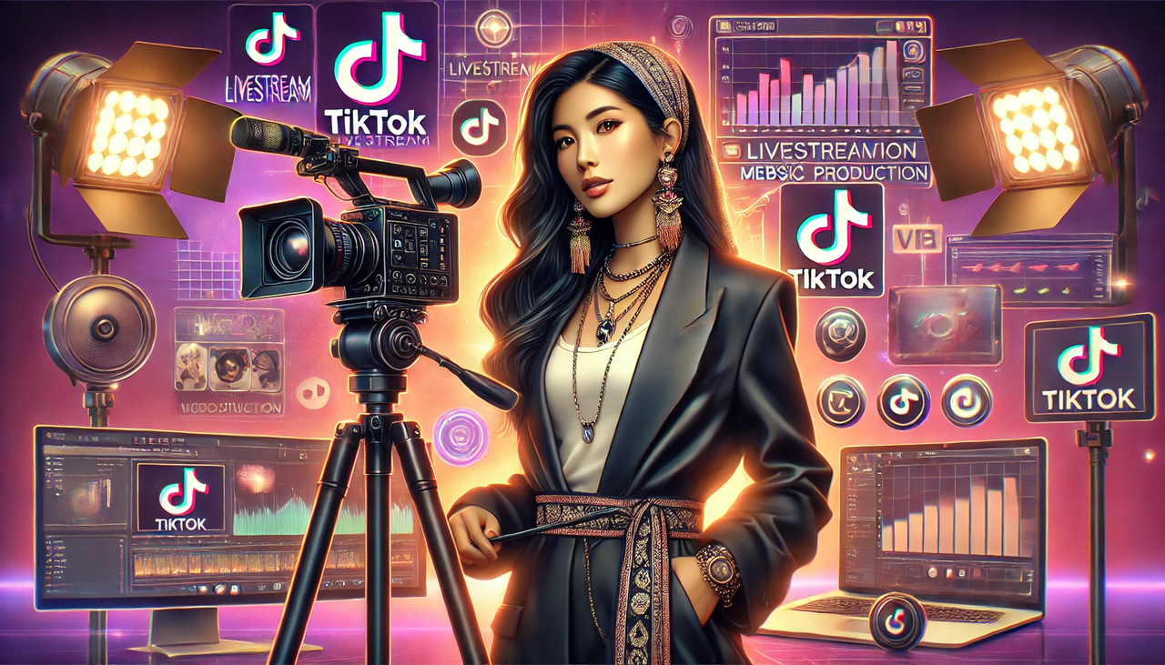 dall·e 2024-12-02 23.08.26 - a cinematic-quality, highly detailed illustration featuring a stylish eastern female livestreamer in modern, fashionable attire. she is confidently pr.webp