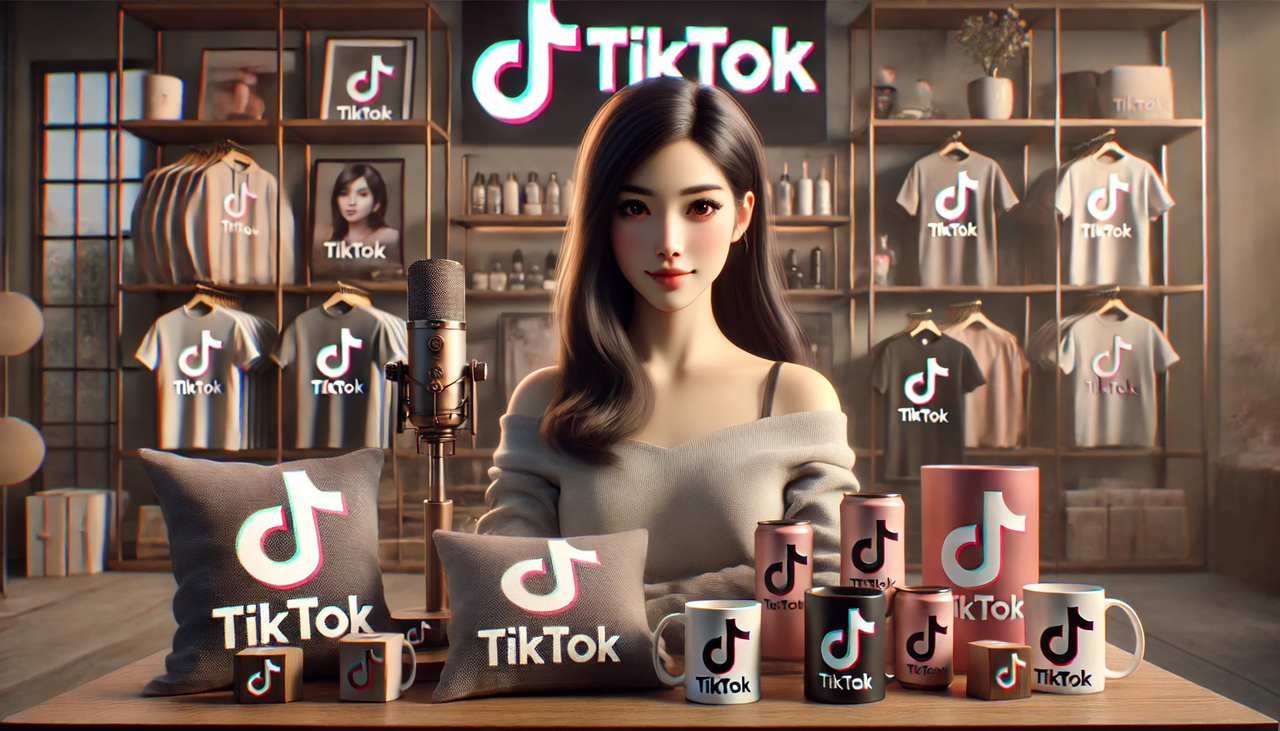 dall·e 2024-12-02 22.26.16 - a cinematic-quality, highly detailed illustration featuring a tiktok-themed merchandise display with a beautiful eastern female livestreamer as the ce.webp