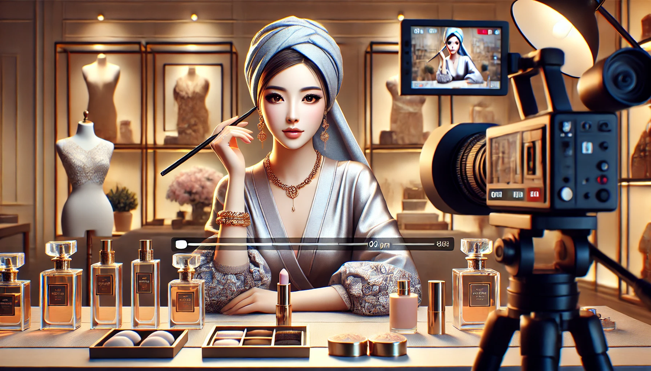 dall·e 2024-12-02 22.49.49 - a cinematic-quality, highly detailed illustration featuring a stylish eastern female livestreamer with flawless and balanced facial features, wearing .webp