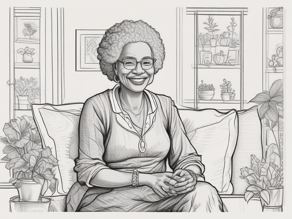 Create a high-quality illustration of an older black woman with a warm smile, conveying a sense of reassurance and wisdom. She should be seated comfortably in a cozy living room setting with soft lighting, surrounded by family photos and plants. The background should be simple and inviting, emphasizing her welcoming nature. The illustration should be rendered in crisp, solid black line drawing style, compatible with the rgb(50, 170, 39) primary color.