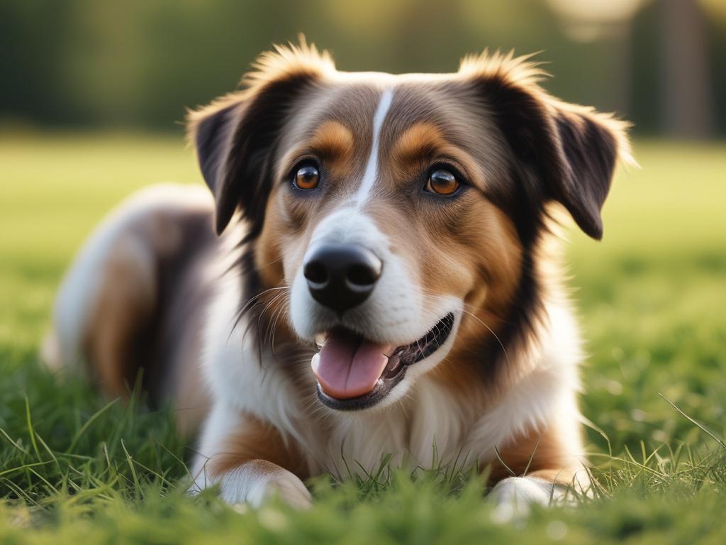 A close-up shot of a friendly dog sitting on a grassy field, with a soft focus on the background. The dog has a bright, joyful expression, with its ears perked up and tail wagging. The lighting is warm and inviting, creating a cheerful atmosphere. The color of the grass is vibrant green, compatible with the rgb(50, 170, 39) primary color, enhancing the overall appeal of the image.