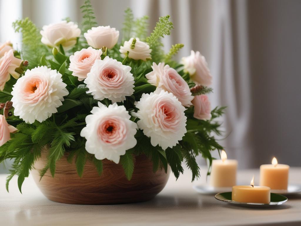 A close up shot of a serene flower arrangement on