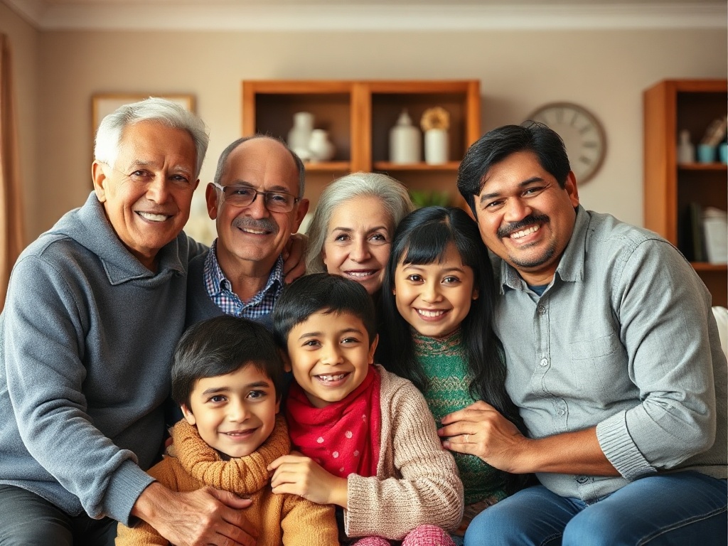 Familia multigeneracional unida y sonriendo