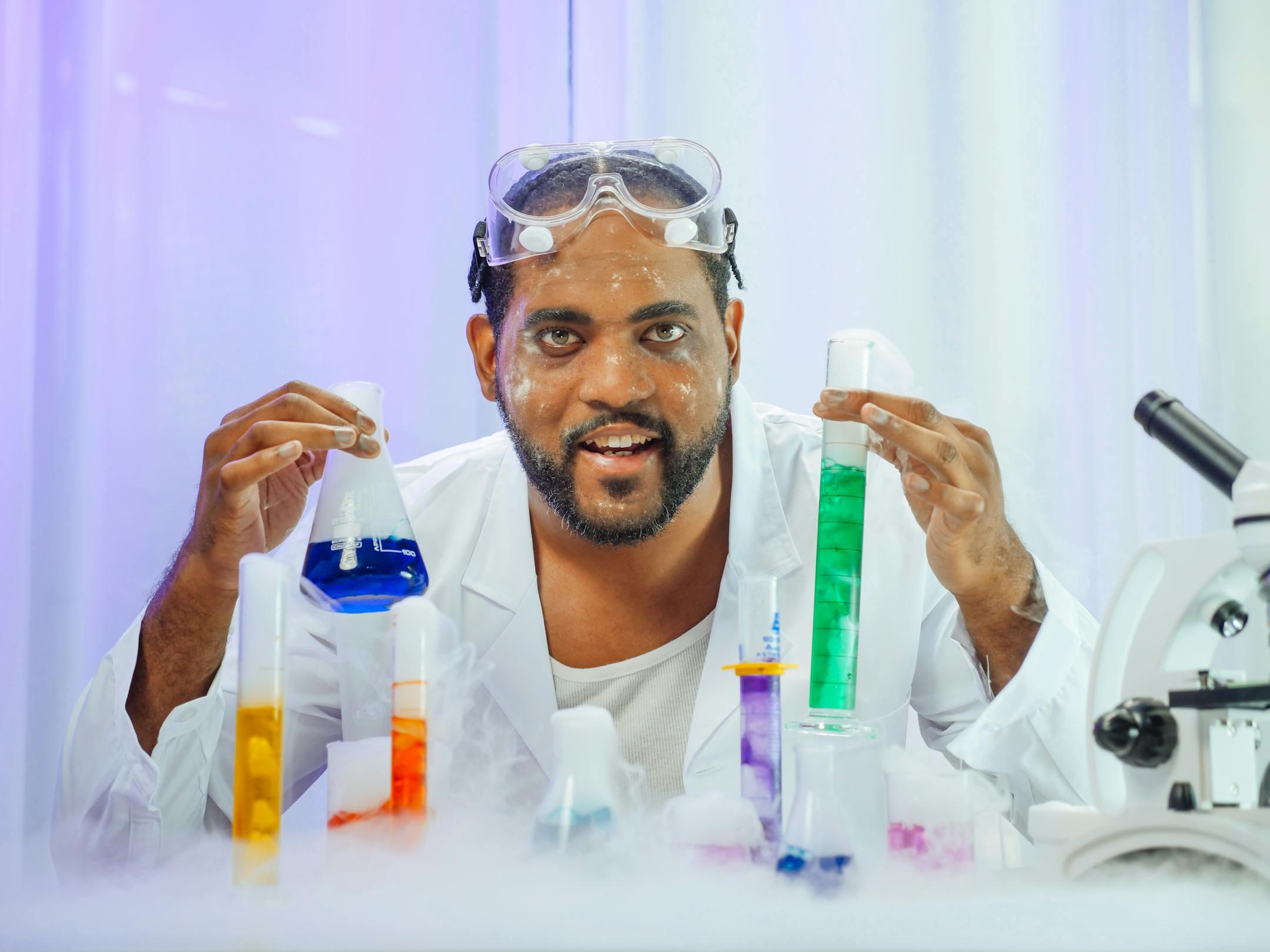 A scientist in a lab coat performs colorful chemical experiments with various lab equipment.