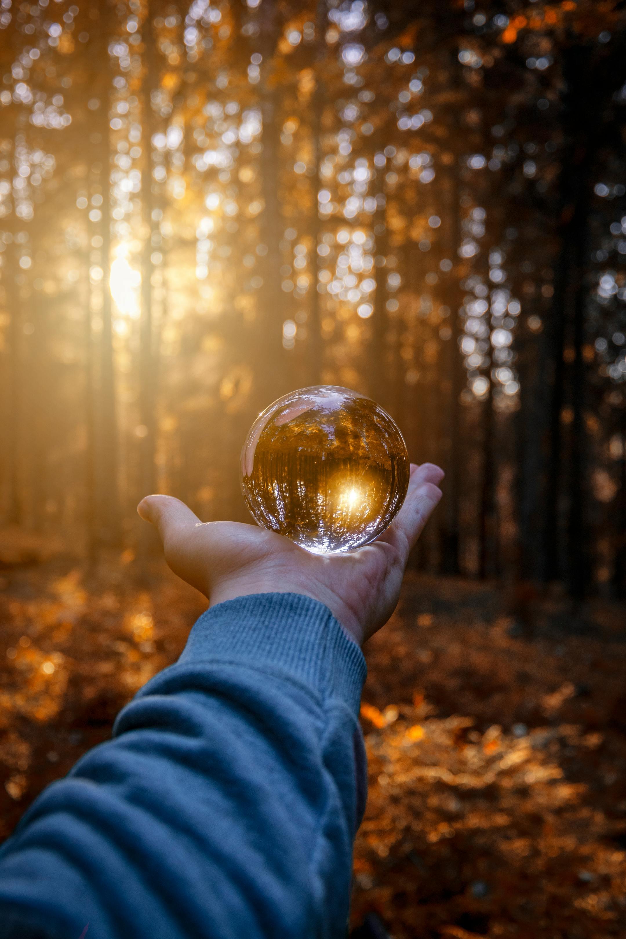 A mesmerizing view of a hand holding a crystal ball reflecting an autumn forest with warm sunlight.