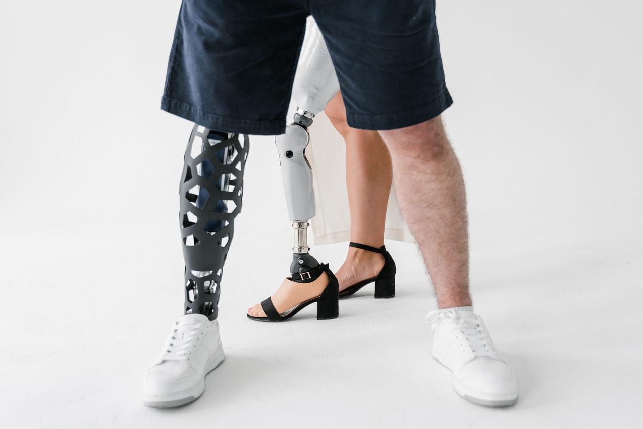 Close-up of diverse prosthetic limbs, showcasing technology in an empowering setup.