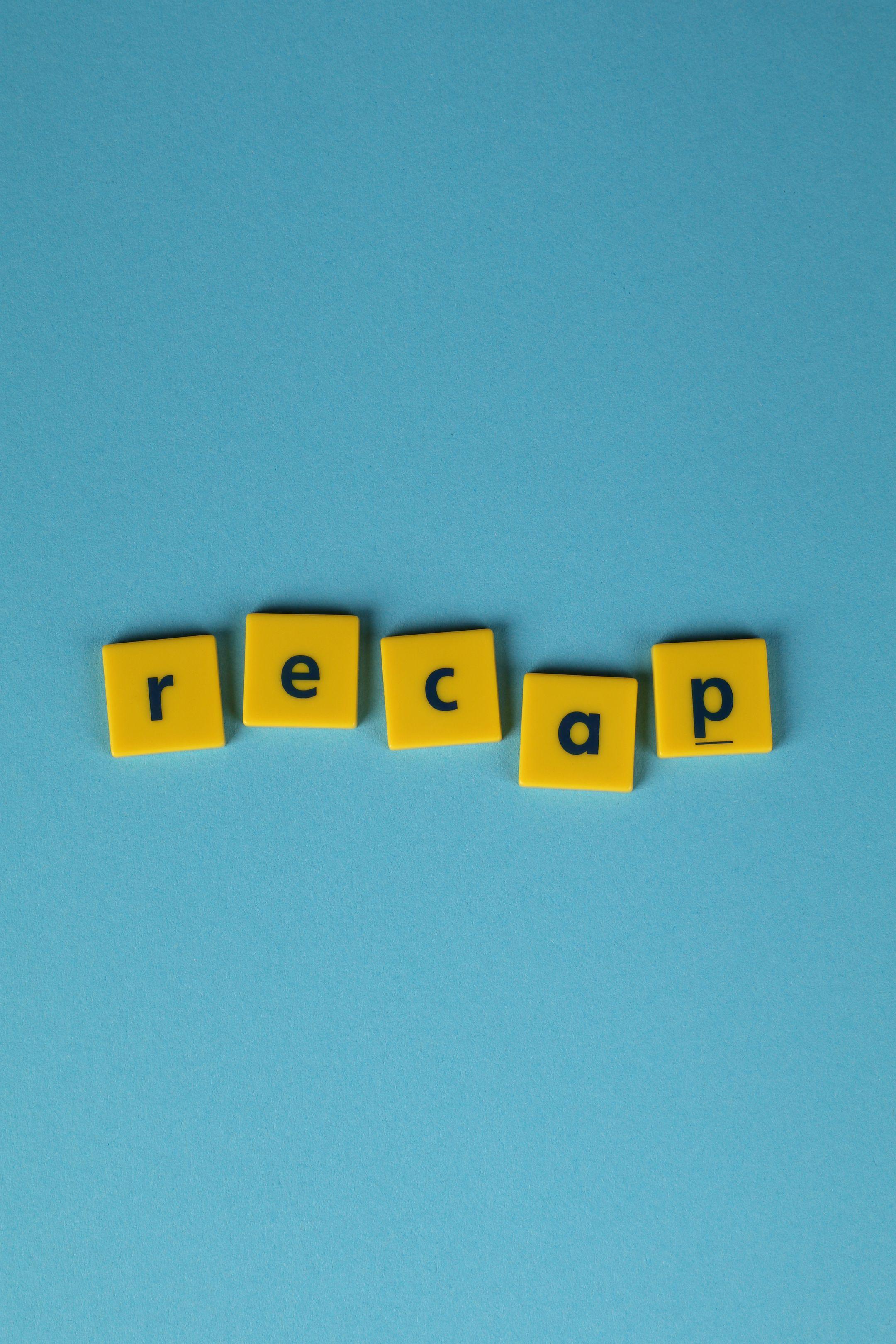 Yellow letter tiles spelling 'recap' on a blue background, minimalistic design.