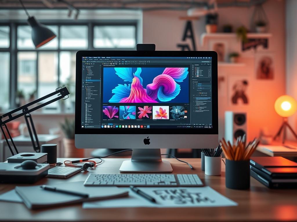 A hyper-realistic close-up shot of a creative workspace showcasing vibrant digital designs on a computer screen. The setting should include design tools, sketches, and animation software in a modern, well-lit environment. The primary color theme should incorporate rgb(50, 170, 39) for a cohesive look.