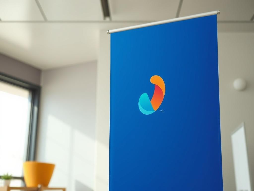 A close-up shot of a vibrant promotional banner showcasing a modern brand logo, set against a clean, minimal background that highlights the logo's colors. The focus is on the logo, making it the centerpiece of the image.