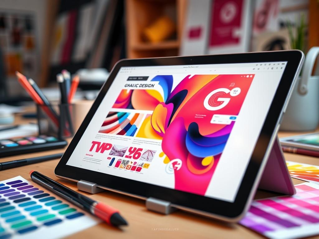 A close-up shot of a digital tablet displaying a vibrant graphic design work in progress, surrounded by design tools like a stylus and color swatches, set against a bright, inspiring workspace background.
