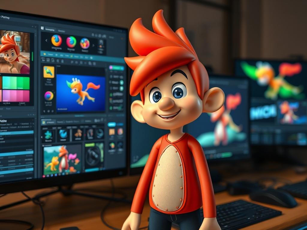 A close-up shot of a 3D animation software interface displaying a colorful animated character in development, with various tools and screens in the background showcasing the animation process.