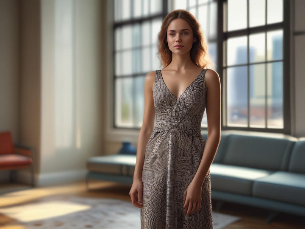 A stunning young woman in an elegant dress, gracefully posed