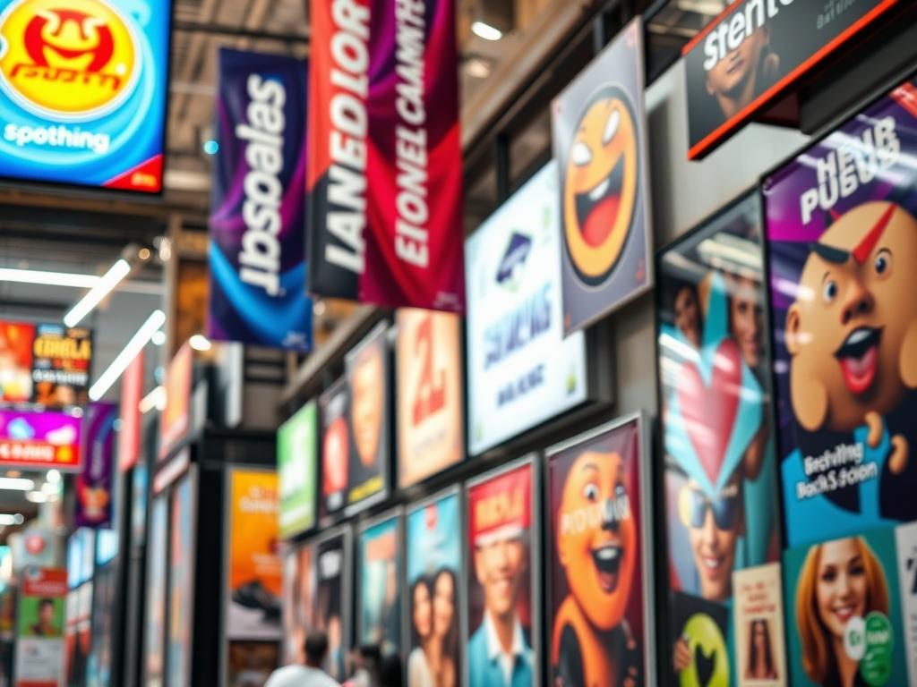 A close-up shot of various custom signages and displays, including vibrant banners and posters, displayed in a well-lit environment. The focus should be on the vivid colors and designs, with a blurred background to highlight the signages.