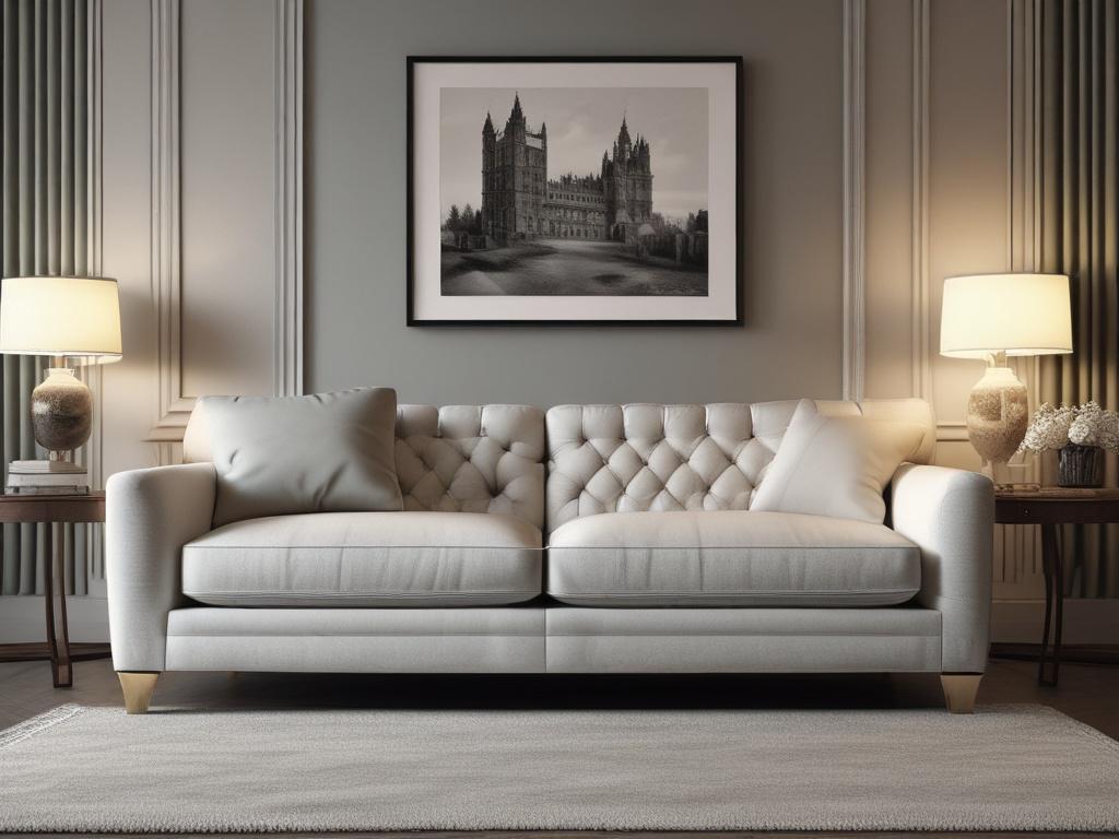 Create a realistic high-resolution image of a beautifully crafted custom sofa, highlighting its elegant design and luxurious fabrics. The sofa should be positioned in a spacious, well-lit living room setting, allowing ample natural light to filter through large windows. Focus closely on the sofa, capturing intricate details such as the stitching, texture of the upholstery, and the sleek wooden legs. 

The background should be minimalistic and inviting, featuring subtle elements like a soft throw blanket dra