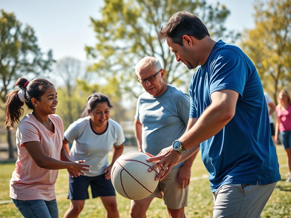 A close-up shot of a diverse group of adults engaged in a skill-building sports session outdoors. One participant is receiving guidance from a professional coach, while others are actively practicing their skills on the field. The background features a sunny day with trees and a clear blue sky, emphasizing a vibrant and supportive atmosphere. The image should have a hyper-realistic style, capturing the determination and joy of the participants.