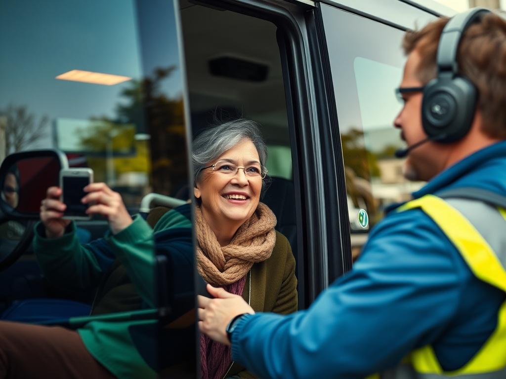 A close-up shot of a participant happily boarding a dependable transport vehicle, with a friendly driver assisting them. The background should reflect a welcoming transport environment, emphasizing accessibility.