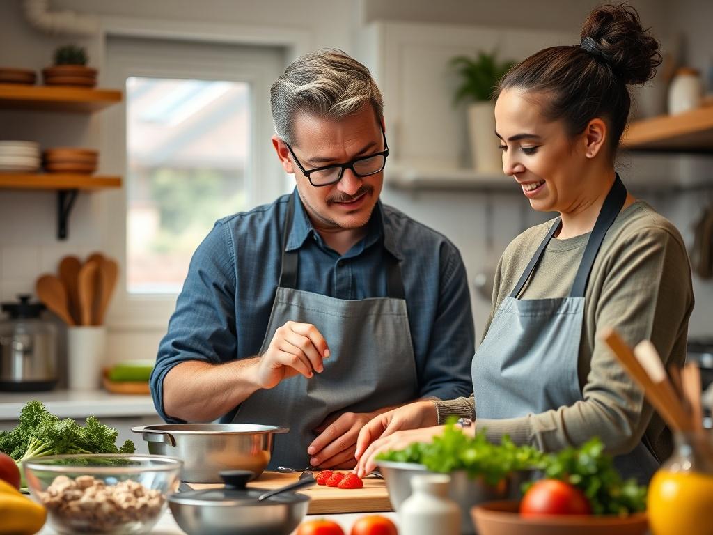 A close-up shot of a support worker teaching a participant cooking skills in a bright kitchen, with fresh ingredients and cooking tools around. The focus should be on their engaged interaction, showcasing a supportive learning environment.