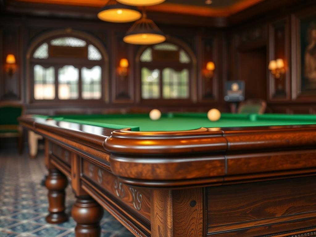 A hyper-realistic close-up shot of a beautifully crafted snooker table, showcasing its rich wooden finish and polished green felt. The table is set in a well-lit room with warm ambient lighting, highlighting the intricate details of the table's design and the smoothness of the felt. The background is softly blurred to maintain focus on the snooker table, emphasizing its elegance and craftsmanship.