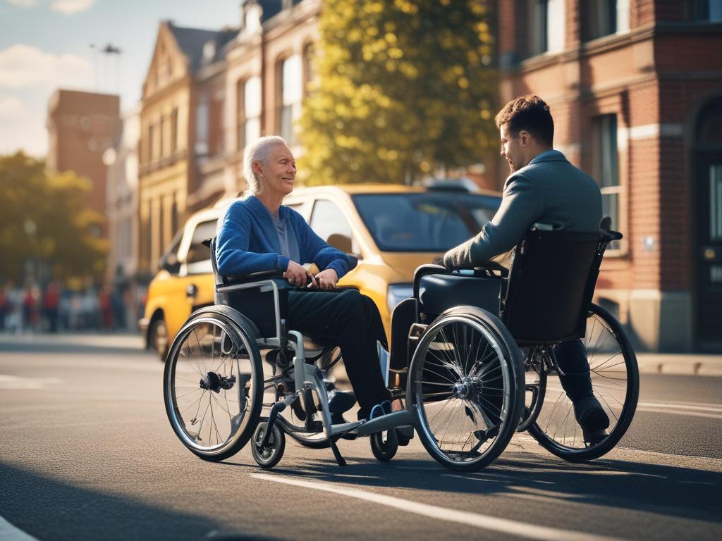 A high-resolution close-up shot of a wheelchair-accessible vehicle, with a support worker helping a participant into the vehicle. The background should be a sunny day, highlighting the accessibility features of the transport. The focus should be on the friendly interaction between the worker and the participant, showcasing a sense of care and assistance.