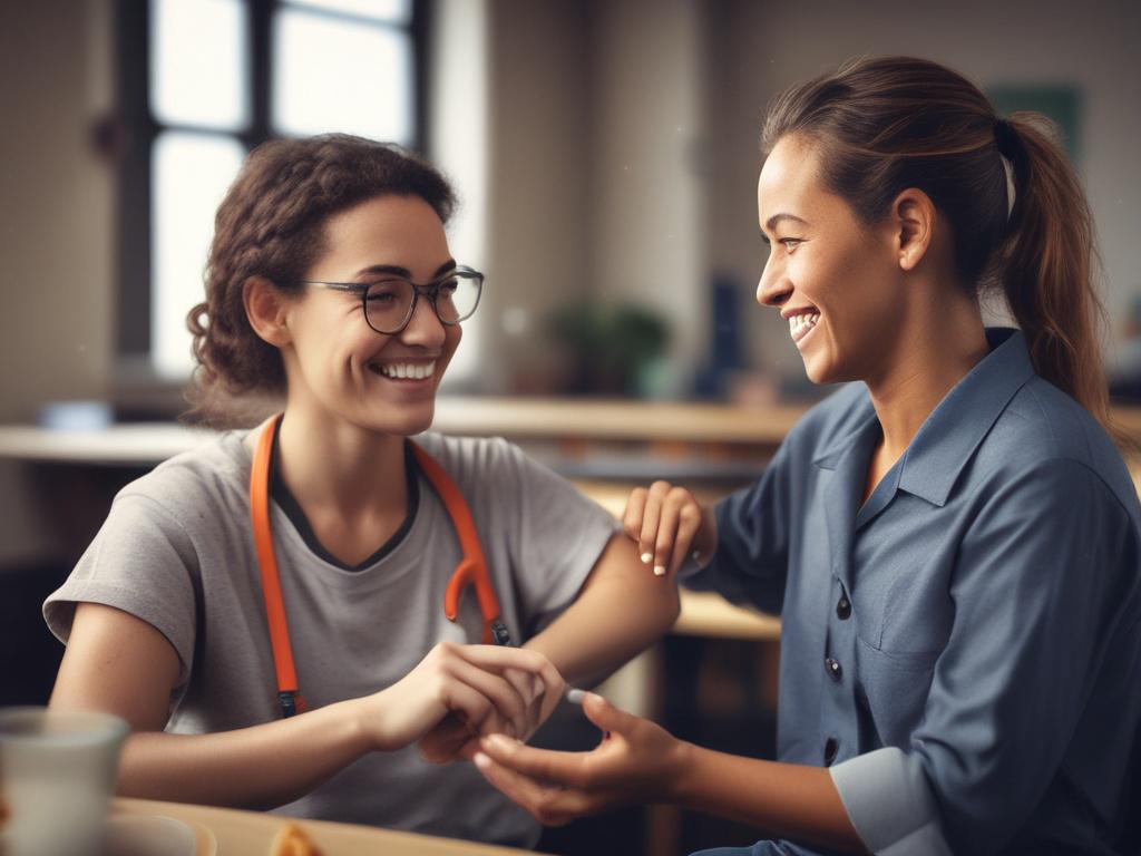 A close-up shot of a support worker engaging with a participant in a skill development session, both smiling and interacting positively. The background should be softly blurred, showcasing a comfortable and inviting space that indicates a supportive environment. The image should be rendered in hyper-realistic detail, capturing the warmth and connection between them.